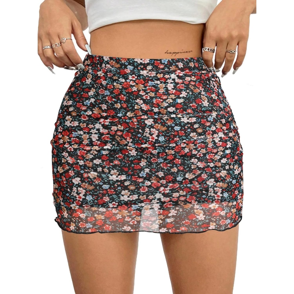 image:imageAvanova Women Mini Skirt High Waisted Ruched Mesh Bodycon Skorts for Going Out Club Summer SkirtDisty Multicolor