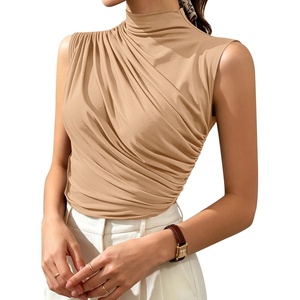 image:imageAvanova Women Fitted Sleeveless Ruched Tank Top Shirt Mock Turtleneck BlousesBeige