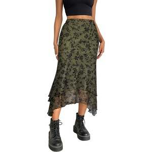 image:imageAvanova Women Mesh Asymmetrical Mermaid Midi Skirt High Waist Fishtail Long SkirtGreen Flower