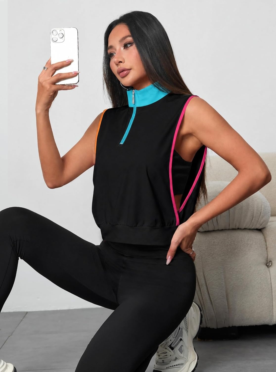 image:imageAvanova Women 14 Zip Polo V Neck Tank Tops Golf Shirts Sleeveless Collared Workout TopsContrast
