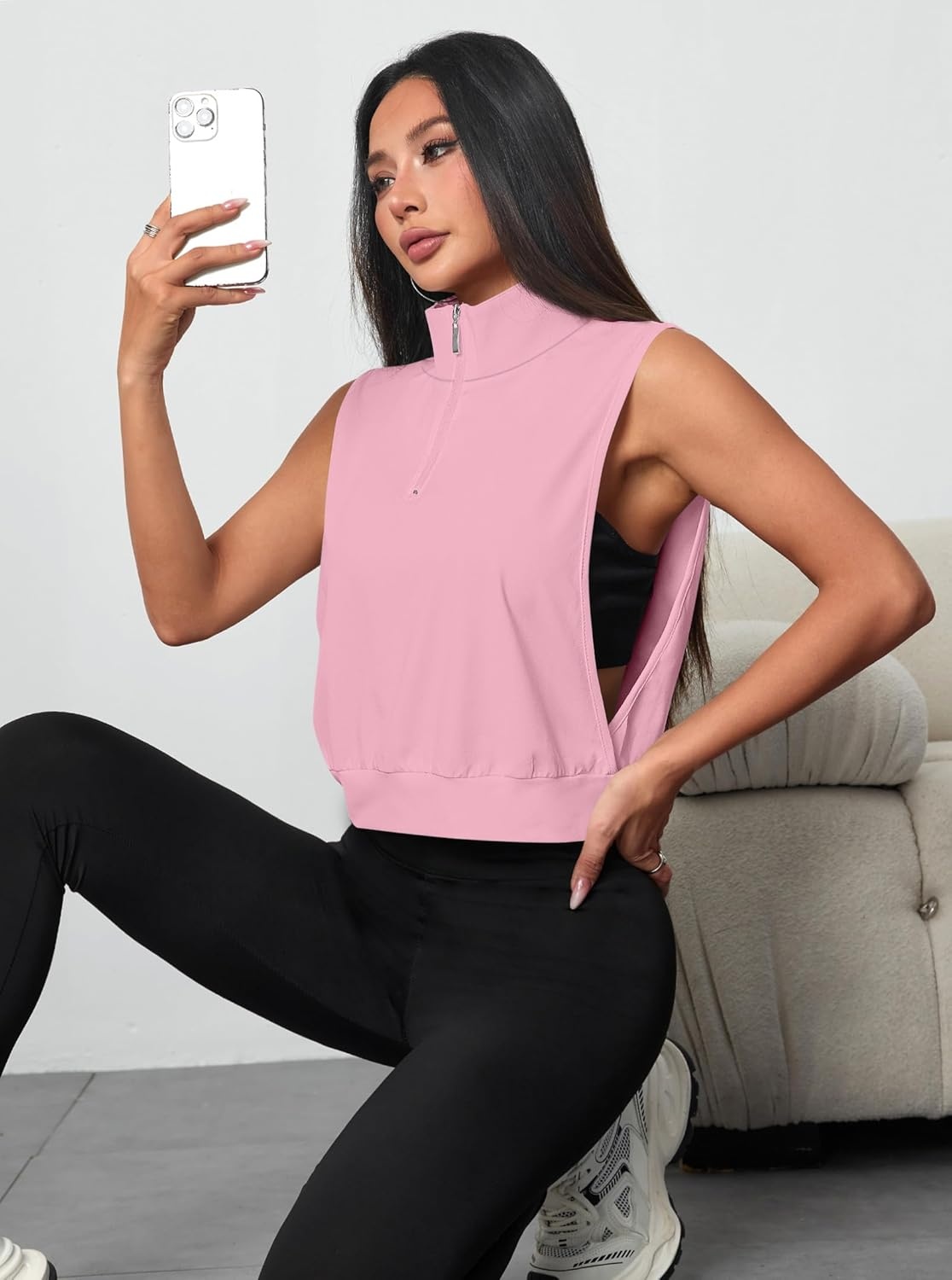 image:imageAvanova Women 14 Zip Polo V Neck Tank Tops Golf Shirts Sleeveless Collared Workout TopsPink