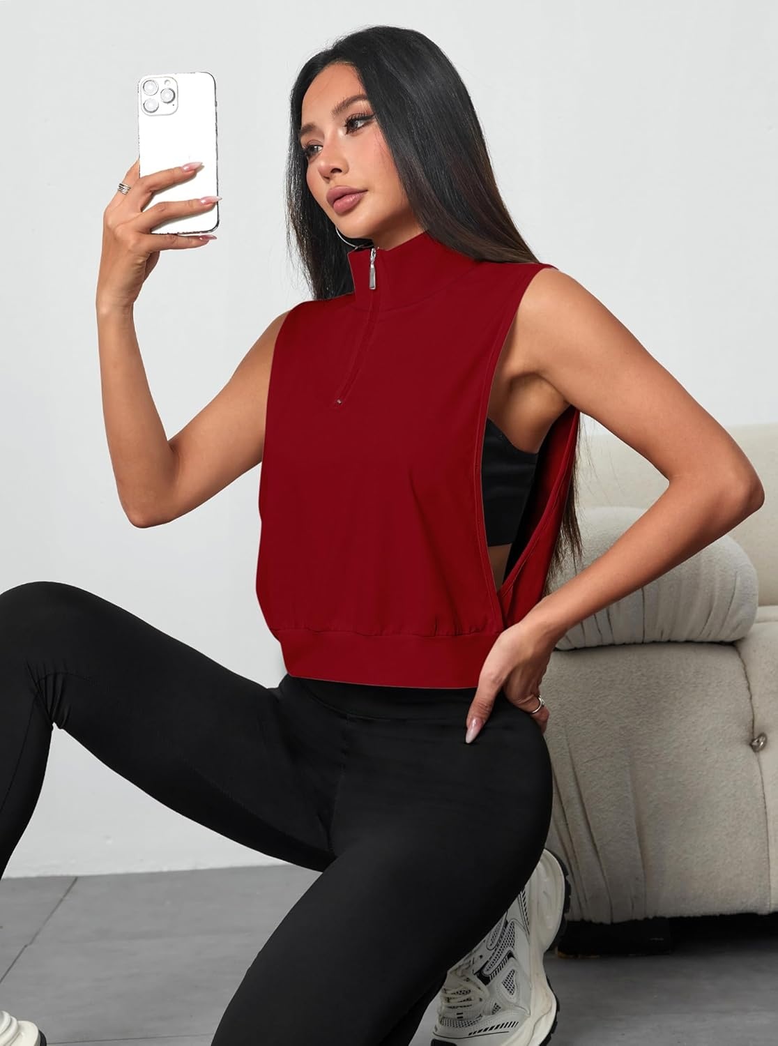 image:imageAvanova Women 14 Zip Polo V Neck Tank Tops Golf Shirts Sleeveless Collared Workout TopsRed