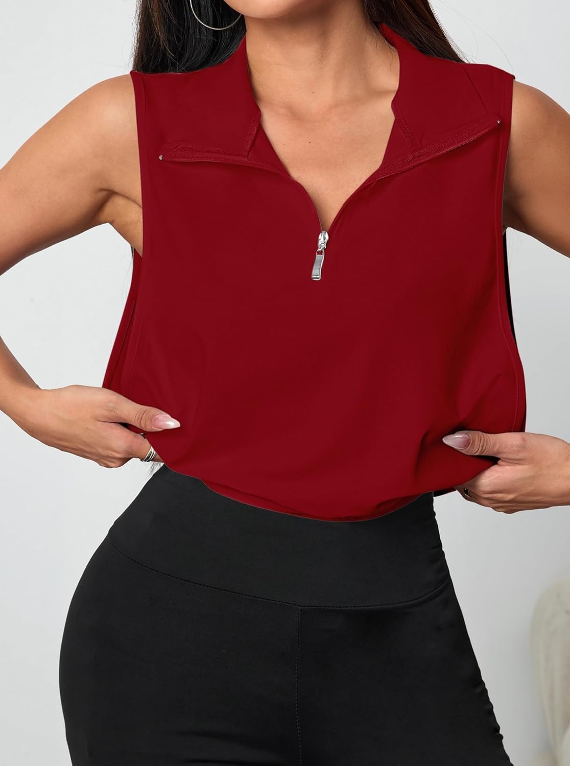 image:imageAvanova Women 14 Zip Polo V Neck Tank Tops Golf Shirts Sleeveless Collared Workout TopsRed