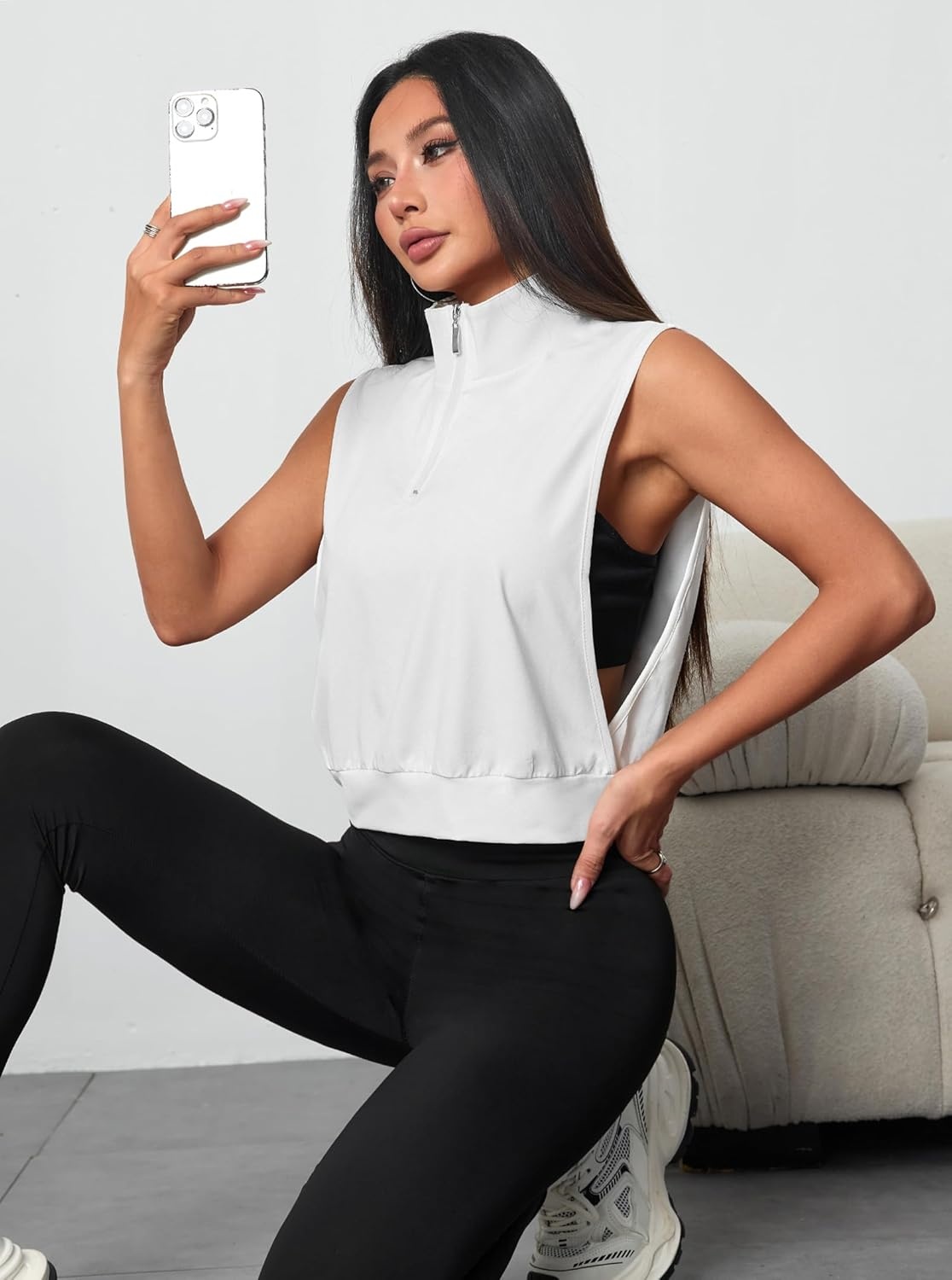 image:imageAvanova Women 14 Zip Polo V Neck Tank Tops Golf Shirts Sleeveless Collared Workout TopsWhite