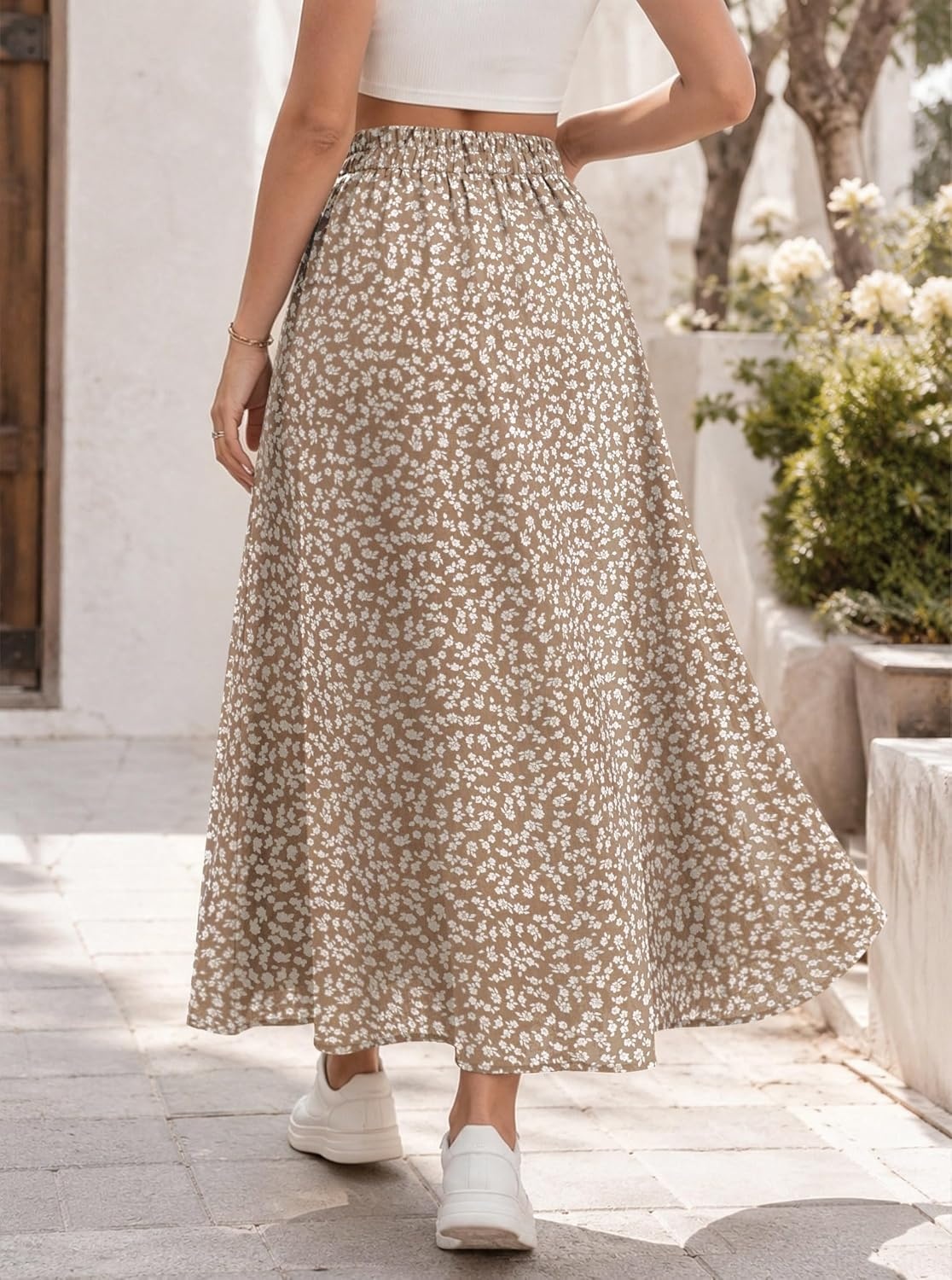 image:imageAvanova Women Boho Floral Slit Maxi Skirt Split Thigh High Waisted Long SkirtsApricot