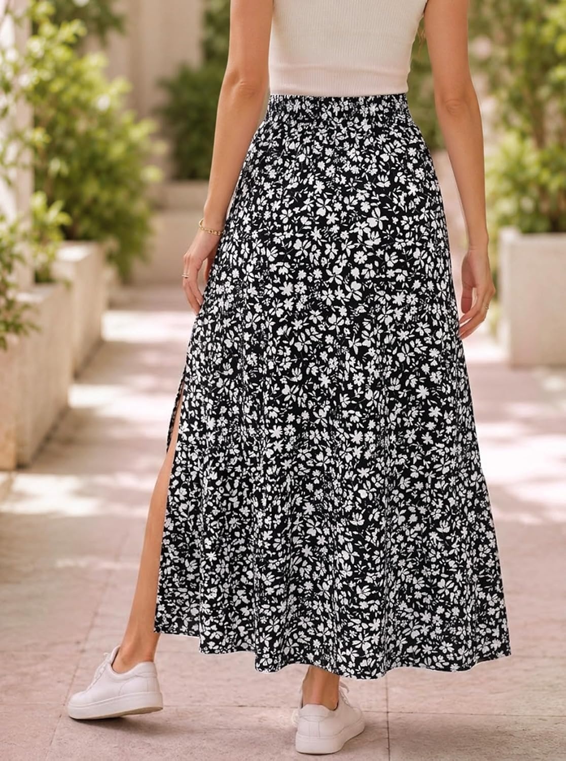 image:imageAvanova Women Boho Floral Slit Maxi Skirt Split Thigh High Waisted Long SkirtsBlack D