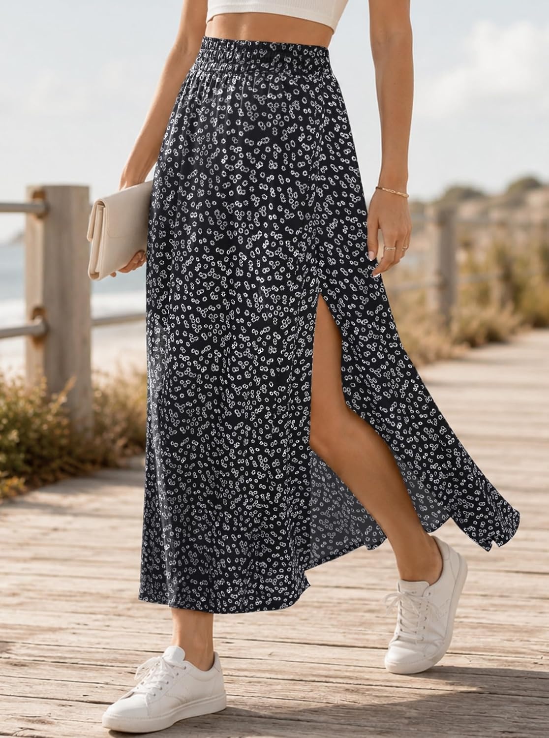 image:imageAvanova Women Boho Floral Slit Maxi Skirt Split Thigh High Waisted Long SkirtsFloral Black