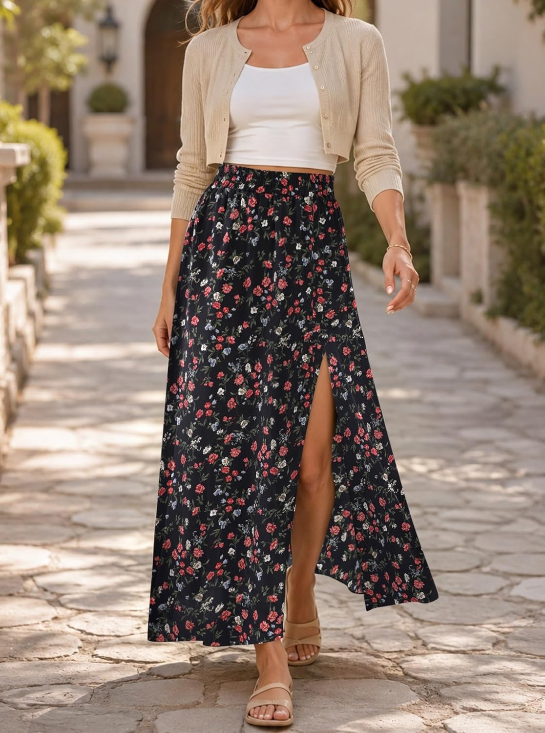 image:imageAvanova Women Boho Floral Slit Maxi Skirt Split Thigh High Waisted Long SkirtsFloral Red