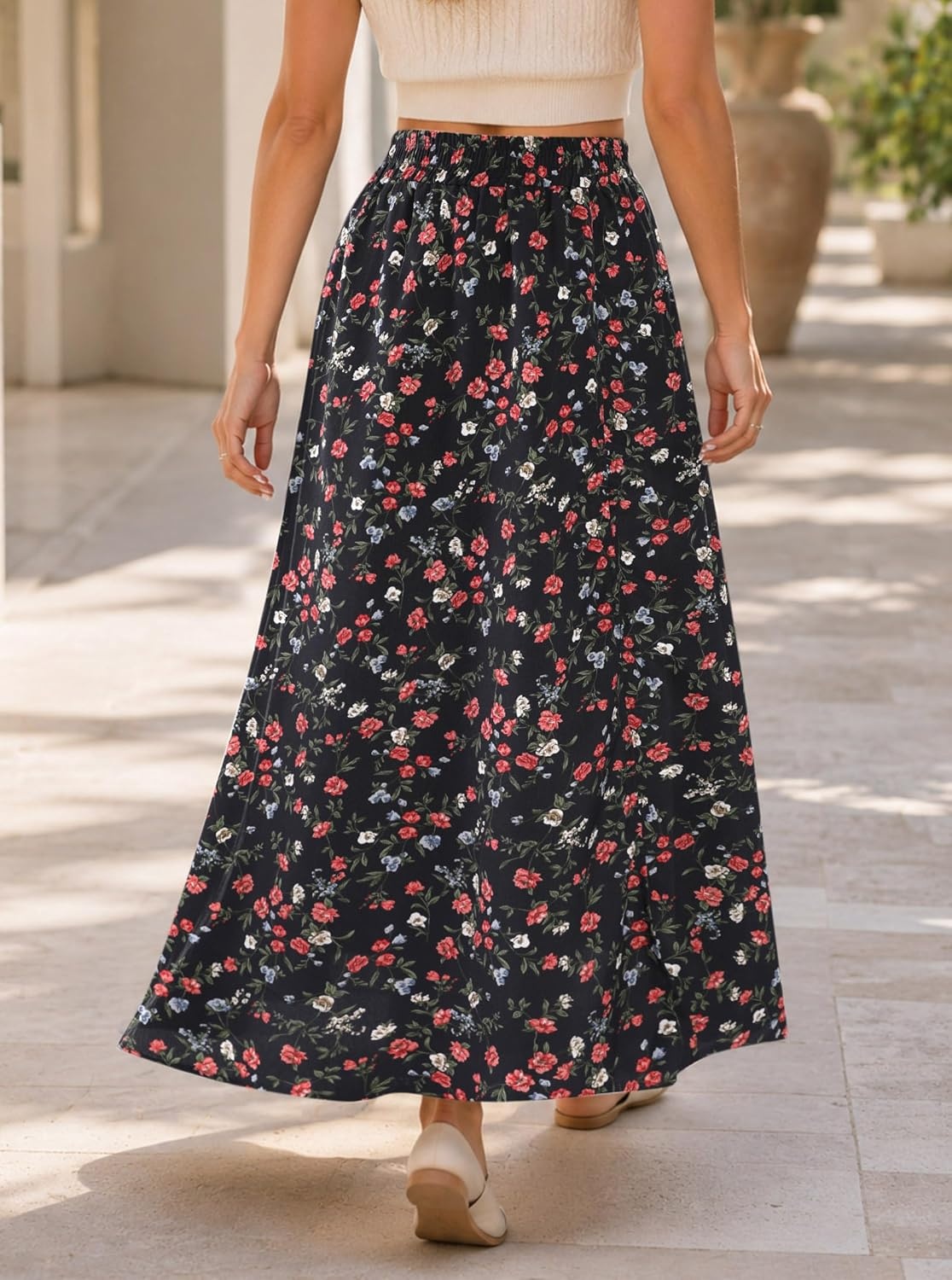 image:imageAvanova Women Boho Floral Slit Maxi Skirt Split Thigh High Waisted Long SkirtsFloral Red