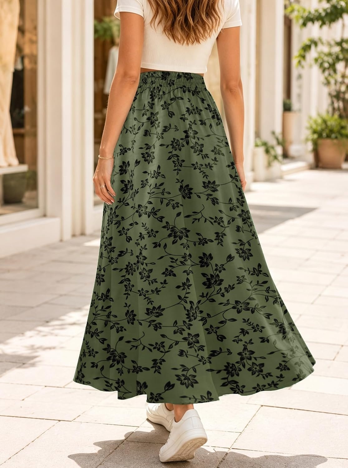 image:imageAvanova Women Boho Floral Slit Maxi Skirt Split Thigh High Waisted Long SkirtsGreen Floral