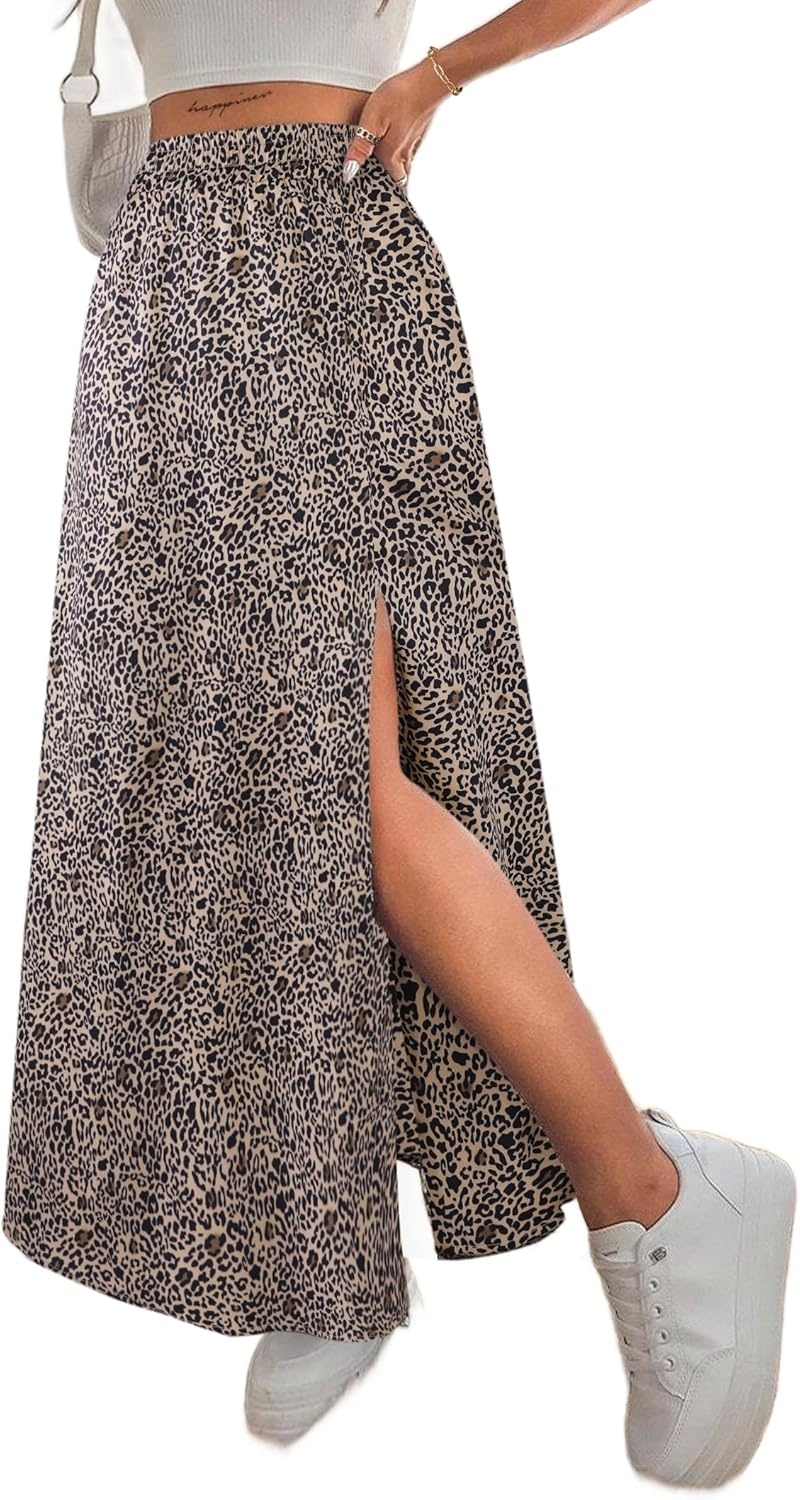 image:imageAvanova Women Boho Floral Slit Maxi Skirt Split Thigh High Waisted Long SkirtsLeopard Brown