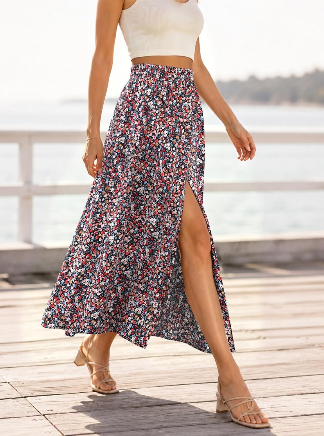 image:imageAvanova Women Boho Floral Slit Maxi Skirt Split Thigh High Waisted Long SkirtsMulti