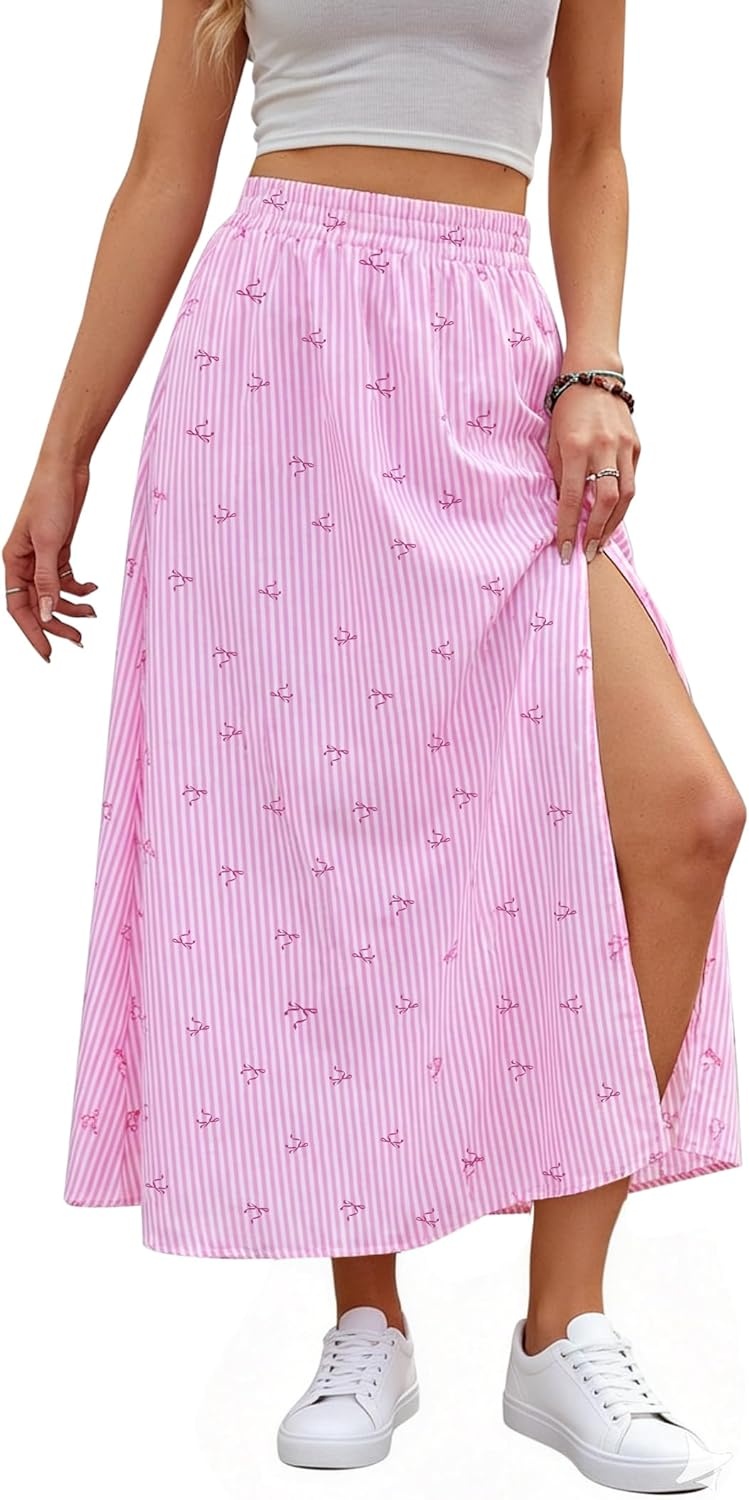 image:imageAvanova Women Boho Floral Slit Maxi Skirt Split Thigh High Waisted Long SkirtsPink