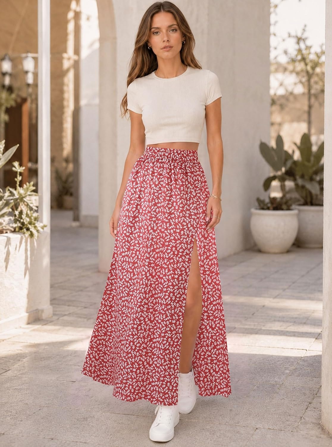 image:imageAvanova Women Boho Floral Slit Maxi Skirt Split Thigh High Waisted Long SkirtsRed Floral