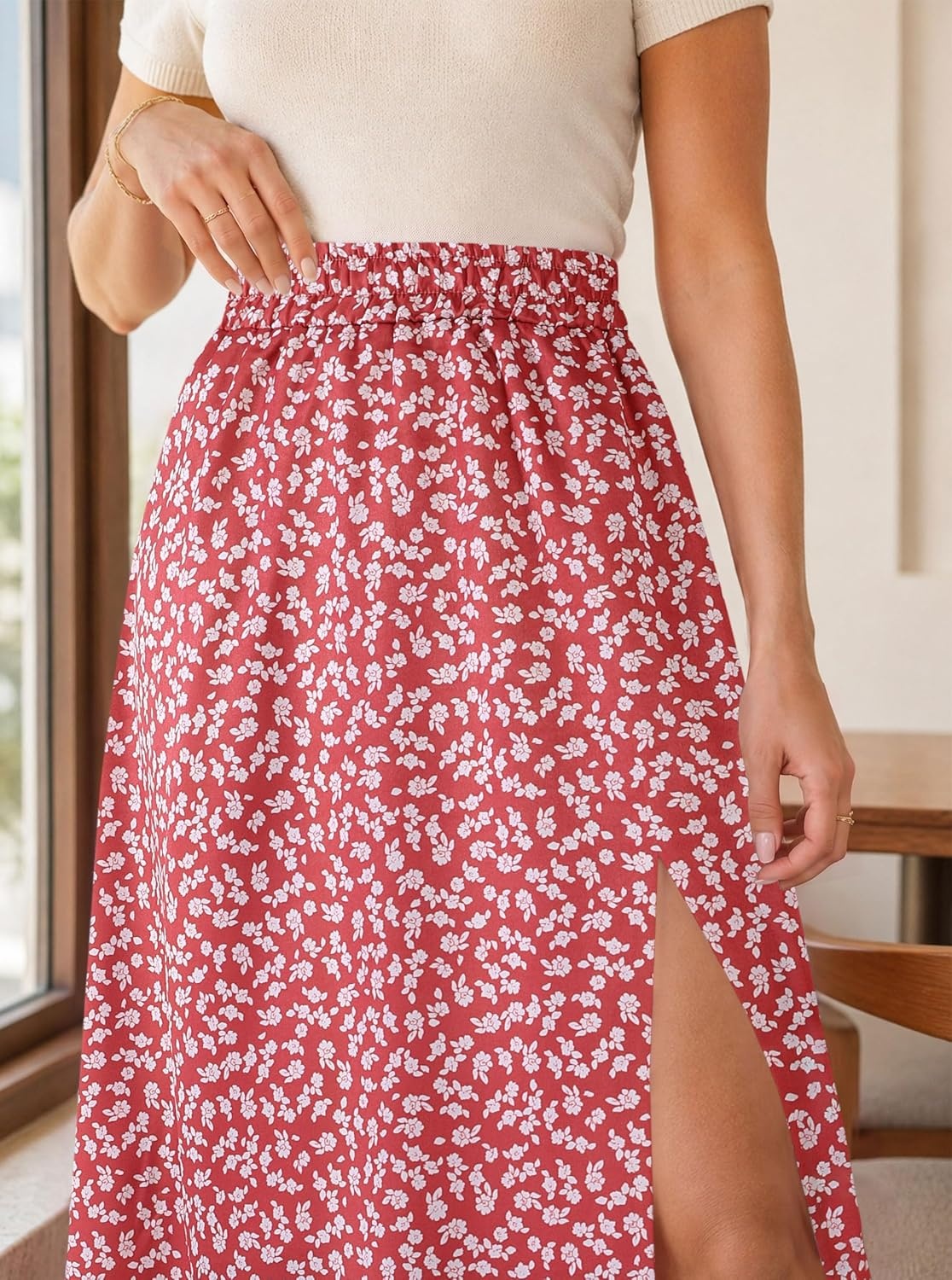 image:imageAvanova Women Boho Floral Slit Maxi Skirt Split Thigh High Waisted Long SkirtsRed Floral