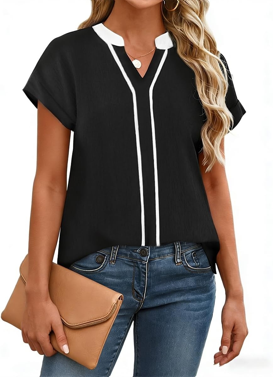 image:imageAvanova Women Color Block V Neck Cuffed Short Sleeve Blouses Tops Texture Work Business Casual ShirtsBlack