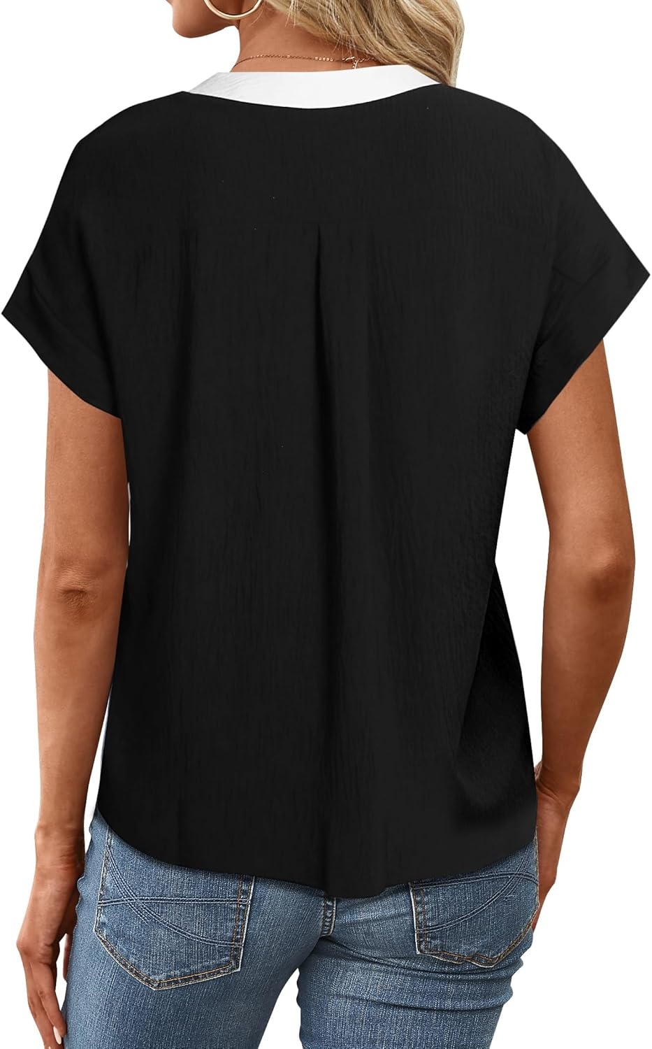 image:imageAvanova Women Color Block V Neck Cuffed Short Sleeve Blouses Tops Texture Work Business Casual ShirtsBlack