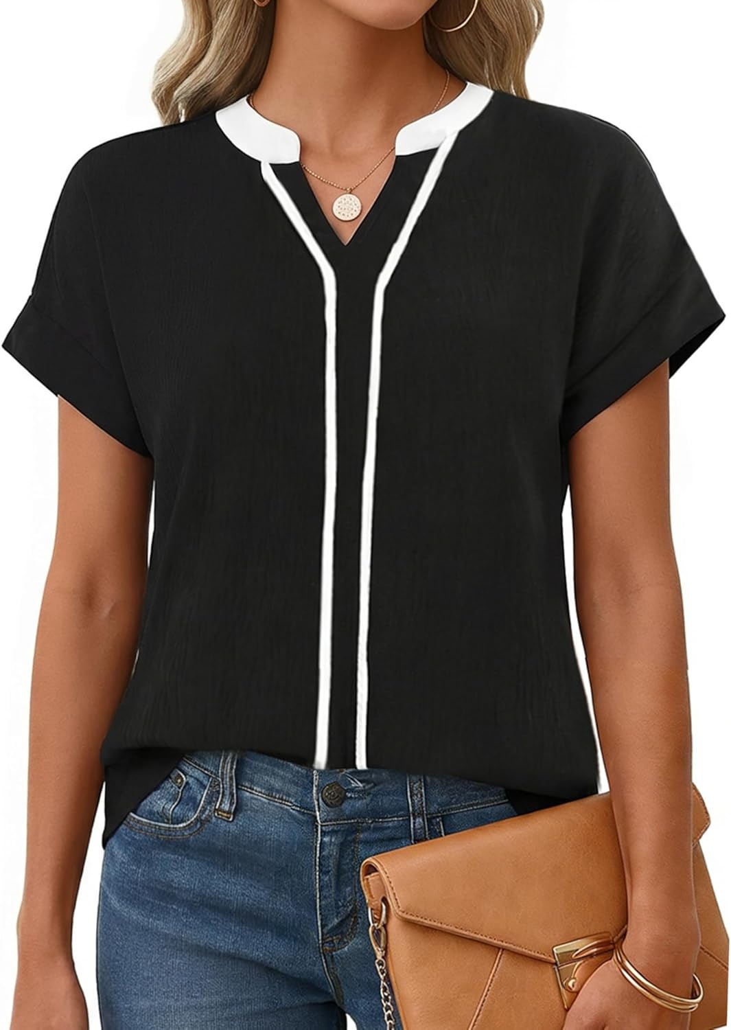 image:imageAvanova Women Color Block V Neck Cuffed Short Sleeve Blouses Tops Texture Work Business Casual ShirtsBlack
