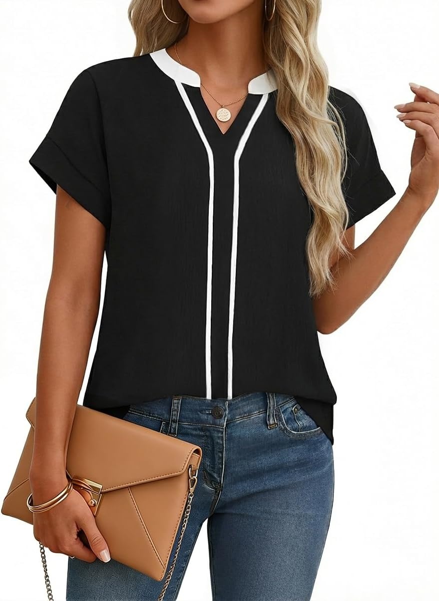image:imageAvanova Women Color Block V Neck Cuffed Short Sleeve Blouses Tops Texture Work Business Casual ShirtsBlack