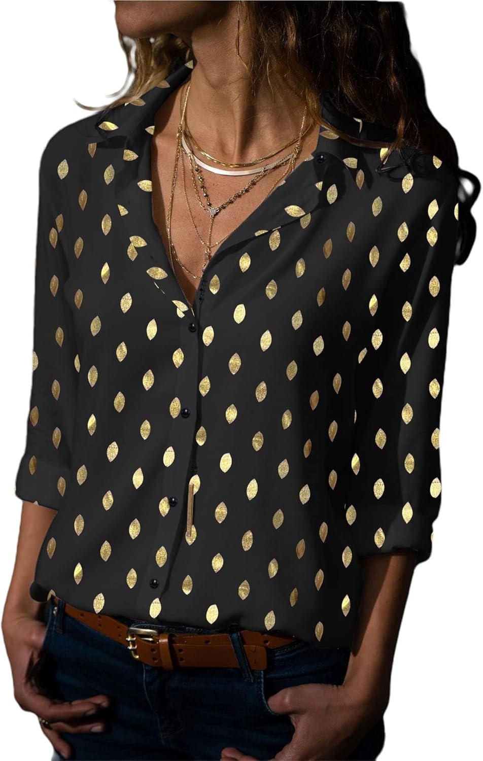 image:imageAvanova Women Pattern Print Button Down Blouse Top Long Sleeve Work Business ShirtGold Dot Black