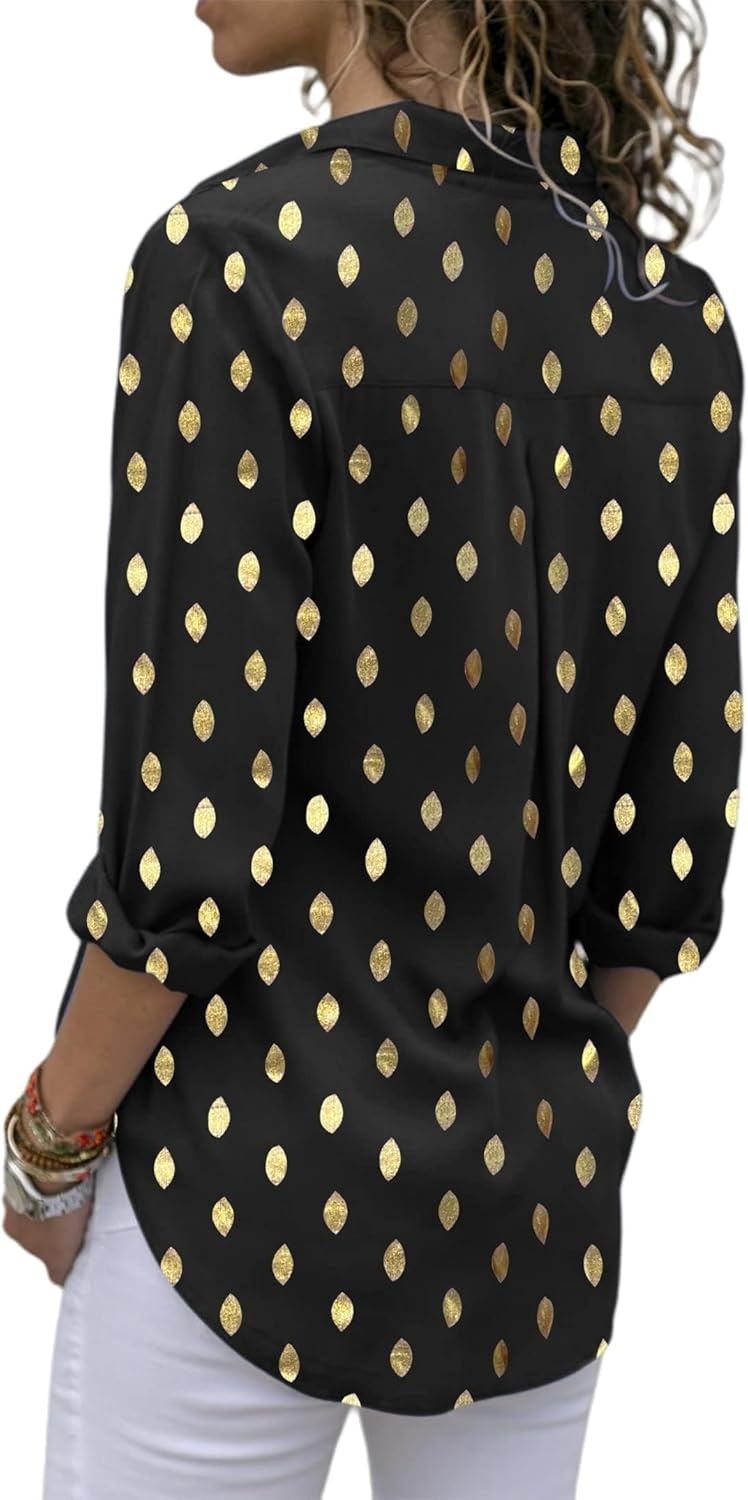 image:imageAvanova Women Pattern Print Button Down Blouse Top Long Sleeve Work Business ShirtGold Dot Black