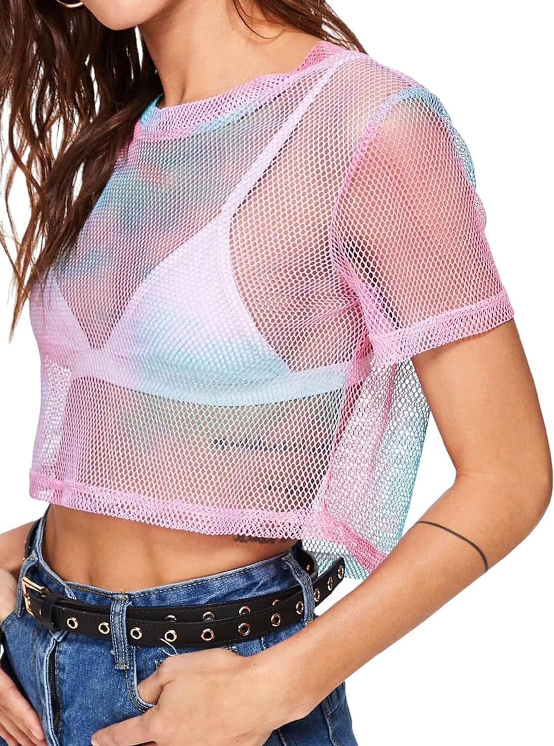 image:imageAvanova Women Sexy Sheer Mesh Crop Top See Through Oversized Short Sleeves ShirtPink