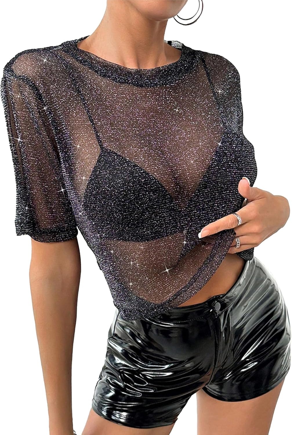 image:imageAvanova Women Sexy Sheer Mesh Crop Top See Through Oversized Short Sleeves ShirtSparkle Black