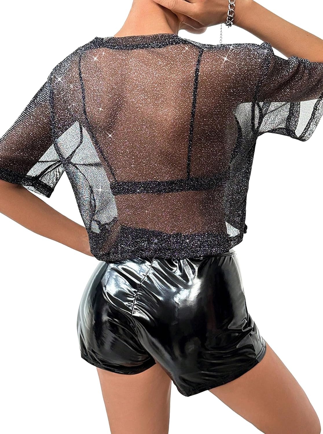 image:imageAvanova Women Sexy Sheer Mesh Crop Top See Through Oversized Short Sleeves ShirtSparkle Black