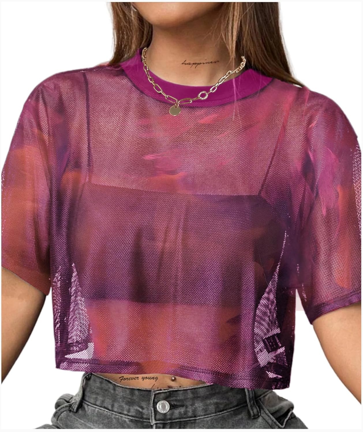 image:imageAvanova Women Sexy Sheer Mesh Crop Top See Through Oversized Short Sleeves ShirtTie Dye D
