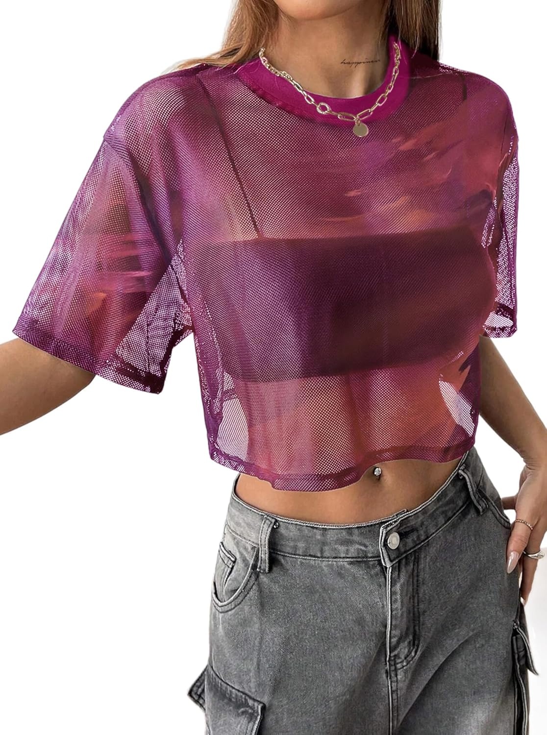 image:imageAvanova Women Sexy Sheer Mesh Crop Top See Through Oversized Short Sleeves ShirtTie Dye D