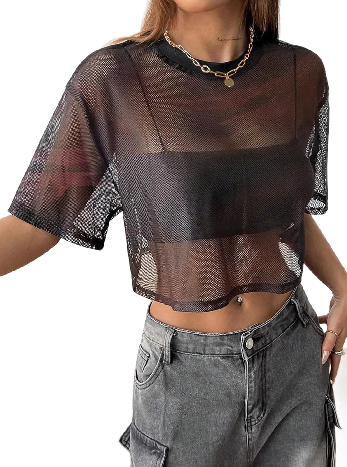 image:imageAvanova Women Sexy Sheer Mesh Crop Top See Through Oversized Short Sleeves ShirtTie Dye E