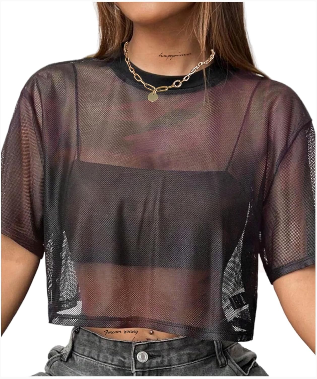 image:imageAvanova Women Sexy Sheer Mesh Crop Top See Through Oversized Short Sleeves ShirtTie Dye E