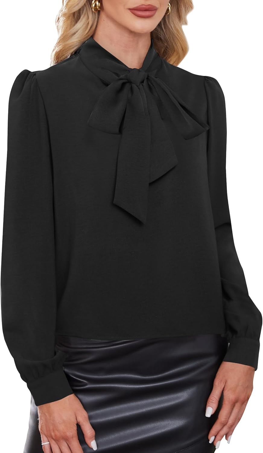 image:imageAvanova Women Tie Neck Bishop Long Sleeve Shirts Casual Work Blouses TopsBlack