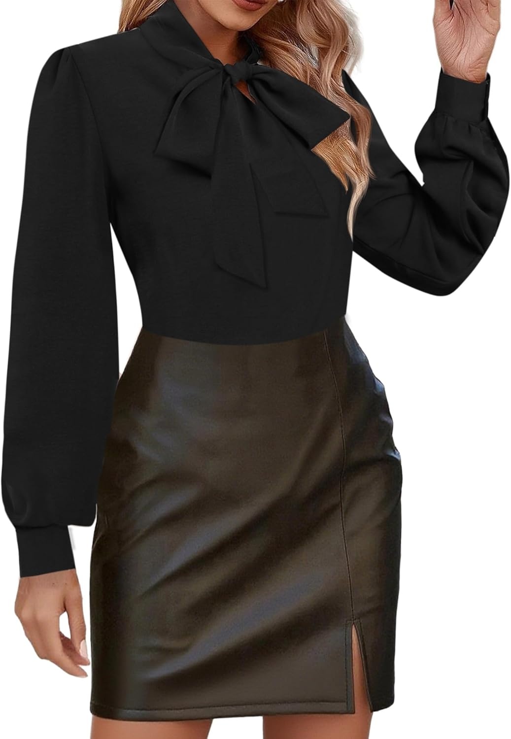 image:imageAvanova Women Tie Neck Bishop Long Sleeve Shirts Casual Work Blouses TopsBlack