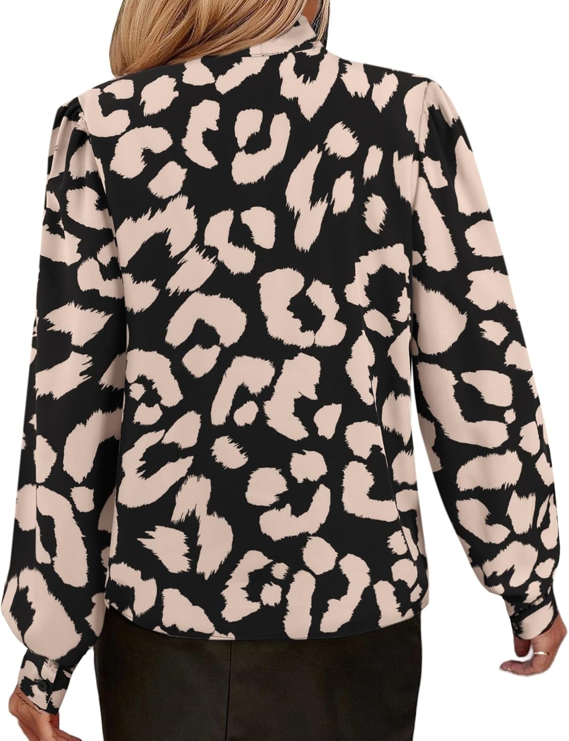 image:imageAvanova Women Tie Neck Bishop Long Sleeve Shirts Casual Work Blouses TopsBlack Leopard