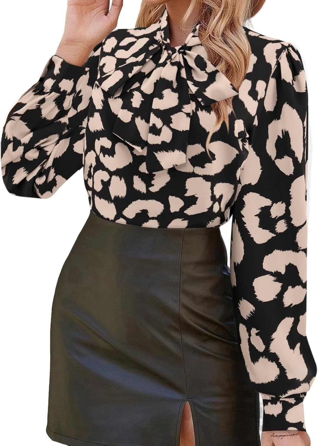 image:imageAvanova Women Tie Neck Bishop Long Sleeve Shirts Casual Work Blouses TopsBlack Leopard