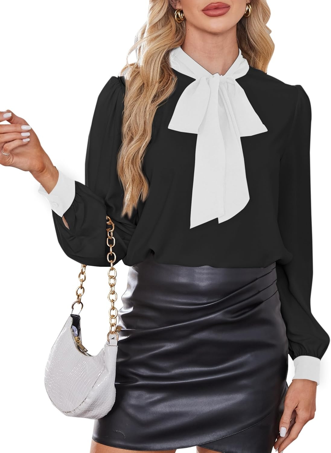 image:imageAvanova Women Tie Neck Bishop Long Sleeve Shirts Casual Work Blouses TopsBlack White D