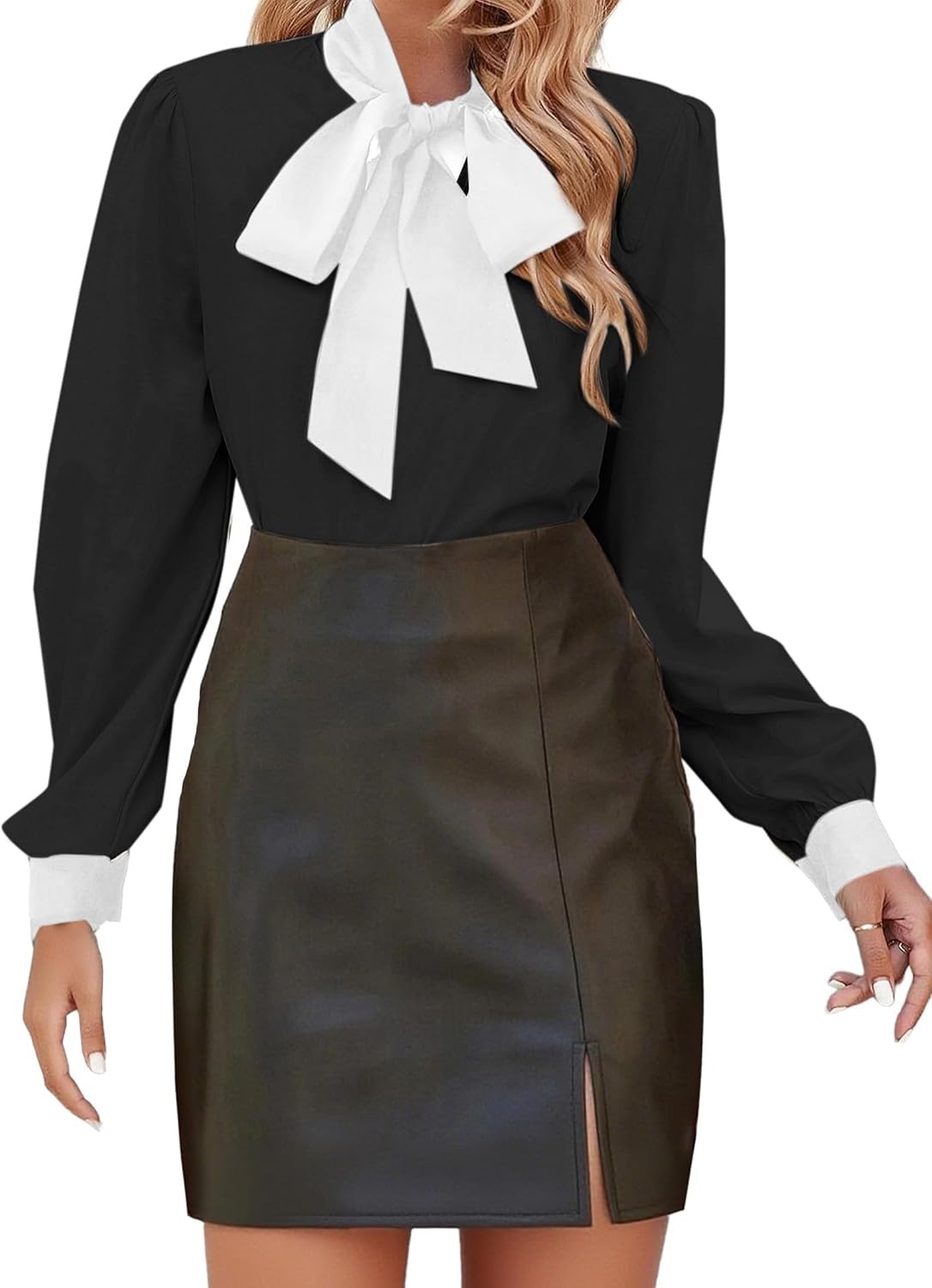 image:imageAvanova Women Tie Neck Bishop Long Sleeve Shirts Casual Work Blouses TopsBlack White D