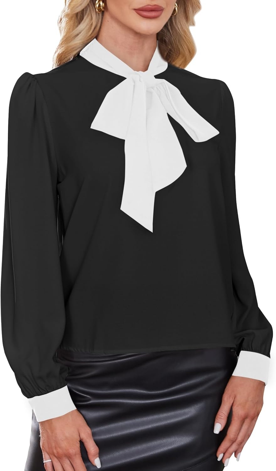 image:imageAvanova Women Tie Neck Bishop Long Sleeve Shirts Casual Work Blouses TopsBlack White D