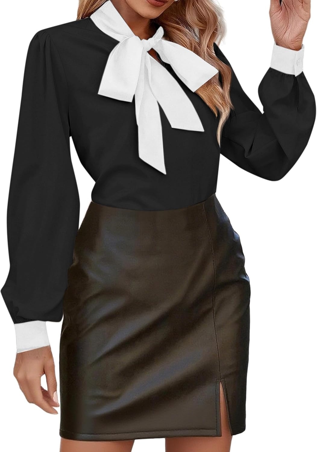 image:imageAvanova Women Tie Neck Bishop Long Sleeve Shirts Casual Work Blouses TopsBlack White D