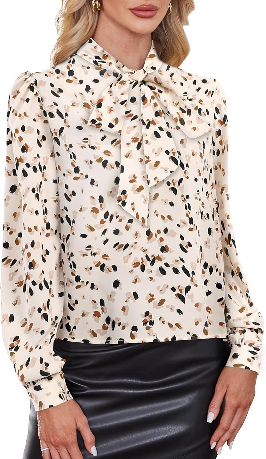 image:imageAvanova Women Tie Neck Bishop Long Sleeve Shirts Casual Work Blouses TopsDots Apricot