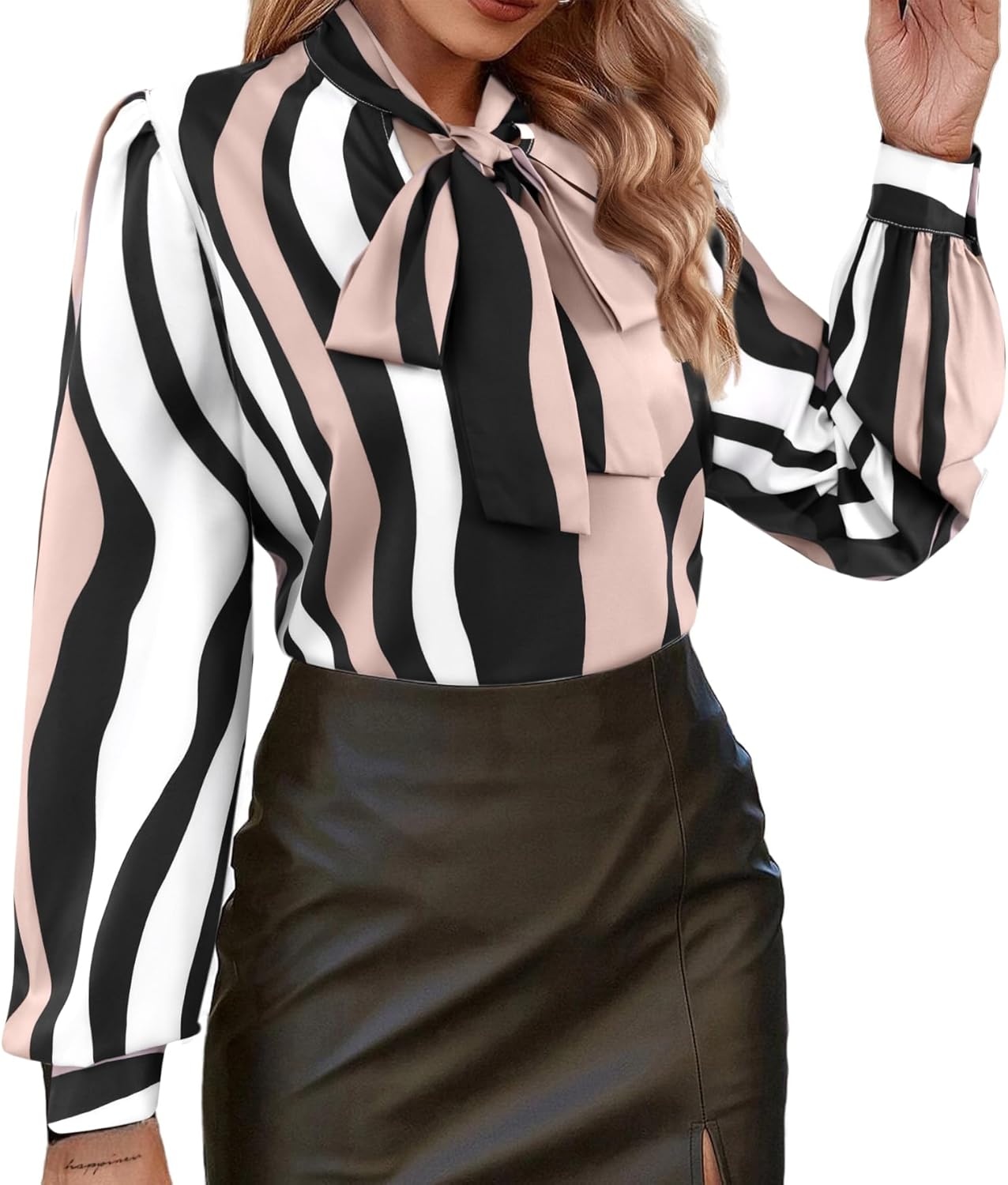 image:imageAvanova Women Tie Neck Bishop Long Sleeve Shirts Casual Work Blouses TopsMuti Striped