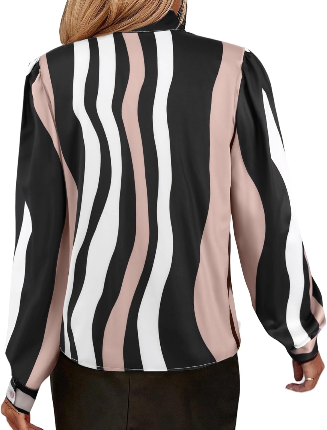 image:imageAvanova Women Tie Neck Bishop Long Sleeve Shirts Casual Work Blouses TopsMuti Striped