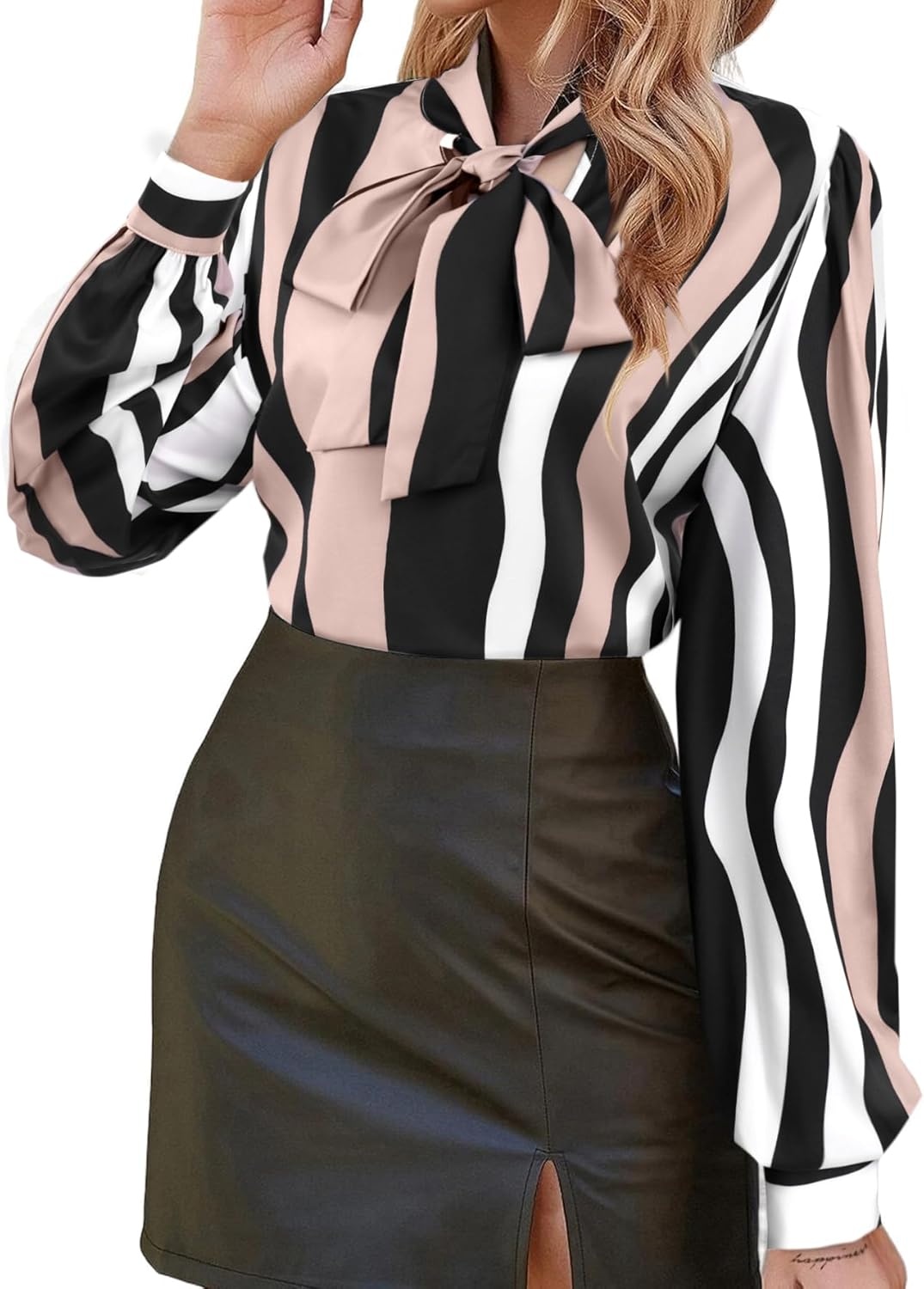 image:imageAvanova Women Tie Neck Bishop Long Sleeve Shirts Casual Work Blouses TopsMuti Striped