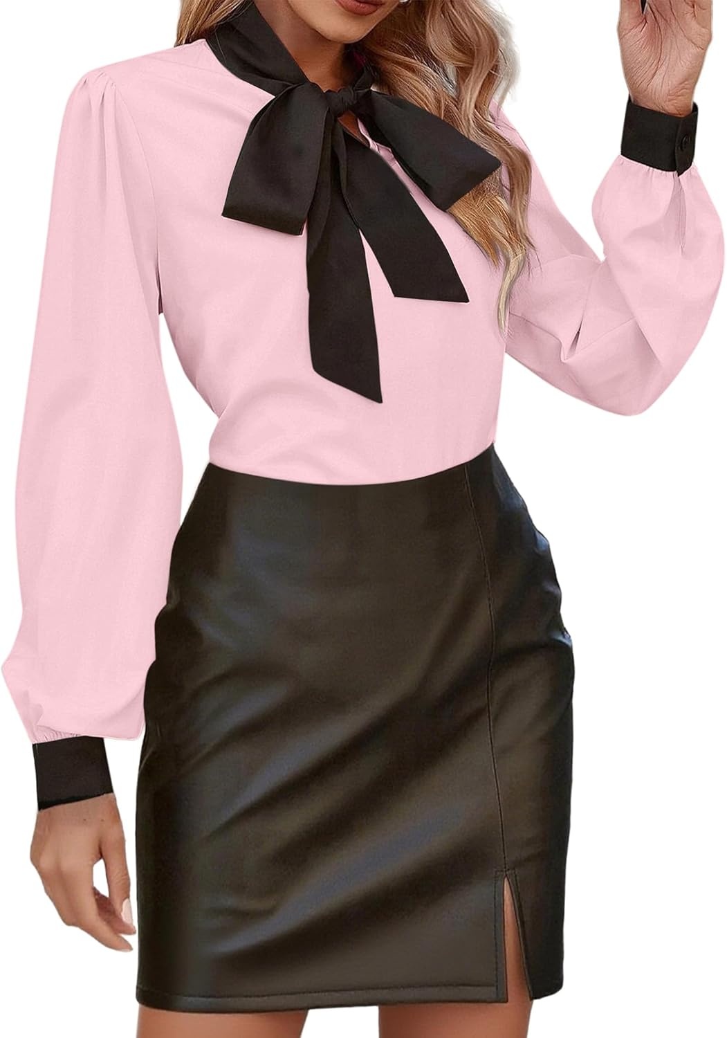 image:imageAvanova Women Tie Neck Bishop Long Sleeve Shirts Casual Work Blouses TopsPink
