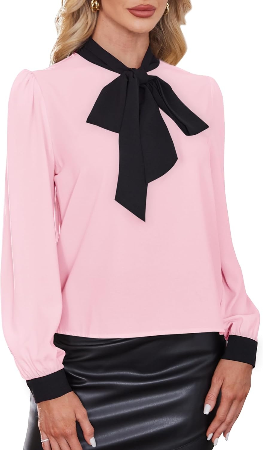 image:imageAvanova Women Tie Neck Bishop Long Sleeve Shirts Casual Work Blouses TopsPink