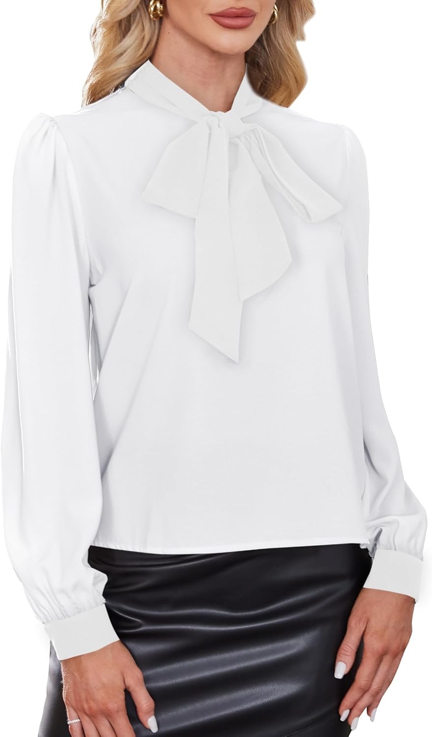 image:imageAvanova Women Tie Neck Bishop Long Sleeve Shirts Casual Work Blouses TopsSolid White