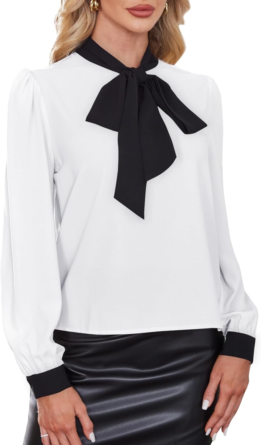 image:imageAvanova Women Tie Neck Bishop Long Sleeve Shirts Casual Work Blouses TopsWhite a