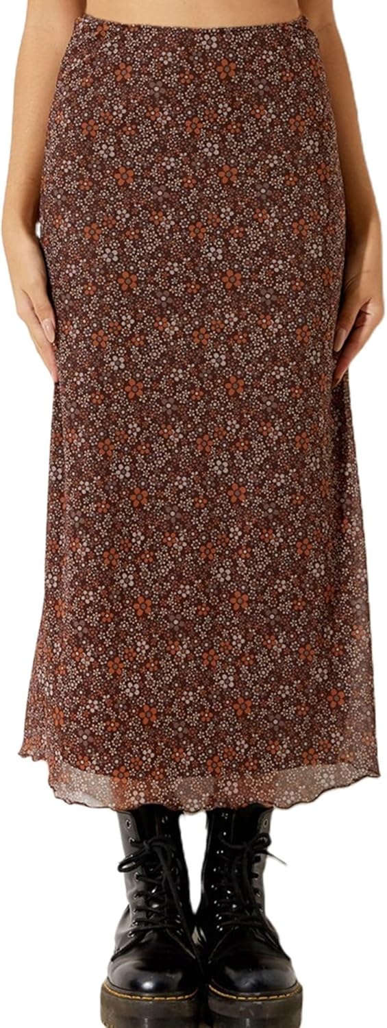 image:imageAvanova Womens Ditsy Floral High Waisted Skirts Lettuce Trim Summer Fall Boho Midi SkirtA Brown