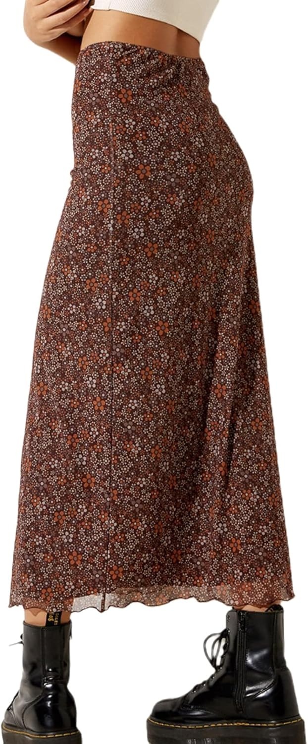 image:imageAvanova Womens Ditsy Floral High Waisted Skirts Lettuce Trim Summer Fall Boho Midi SkirtA Brown